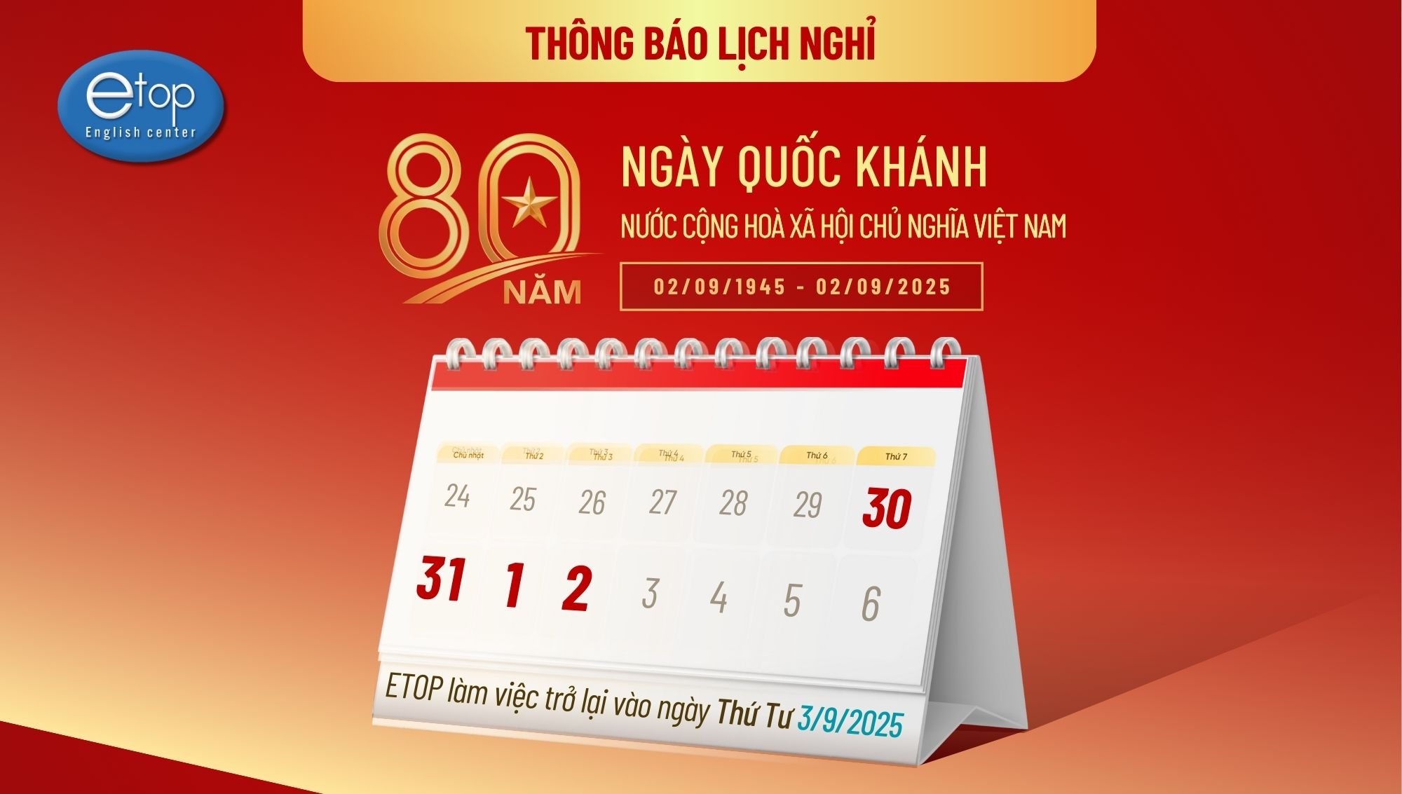 LỊCH NGHỈ LỄ QUỐC KHÁNH 02/09/2025