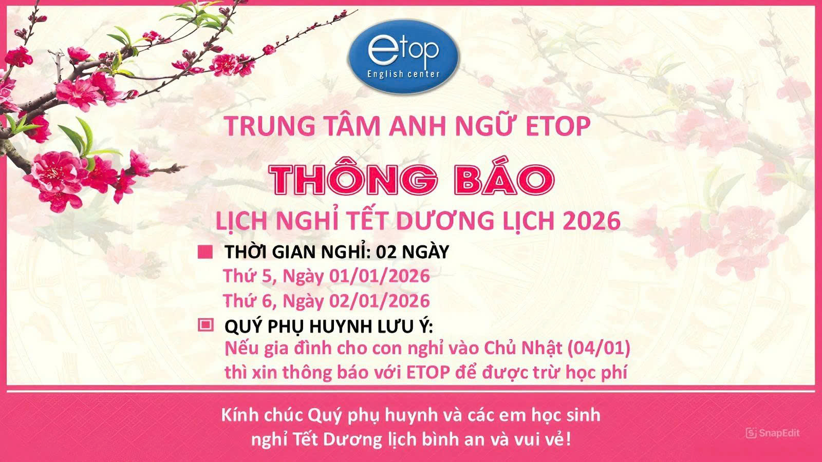 LỊCH NGHỈ TẾT DƯƠNG LỊCH 2026